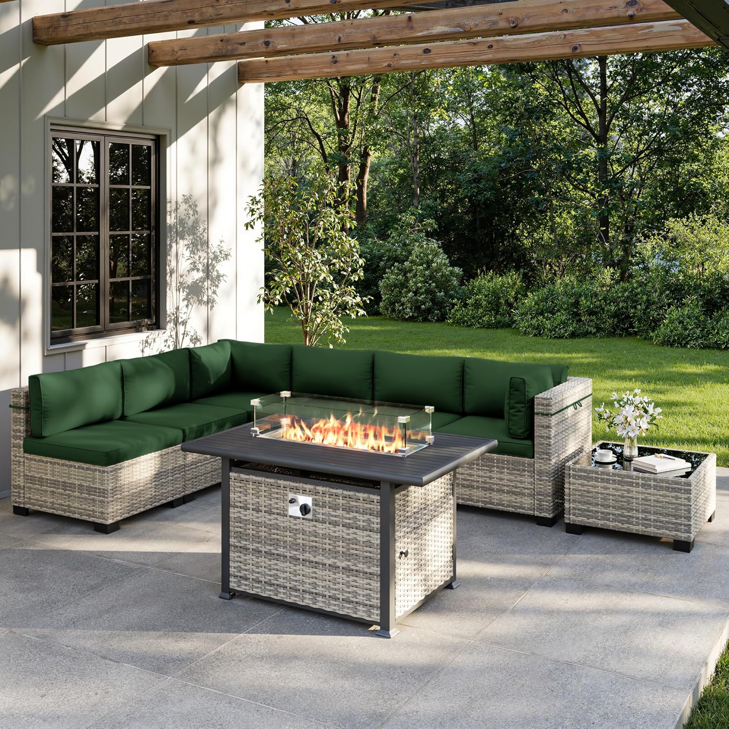 Outdoor Furniture With Fire Pit Table - 8-Piece Outdoor Patio Furniture Set with