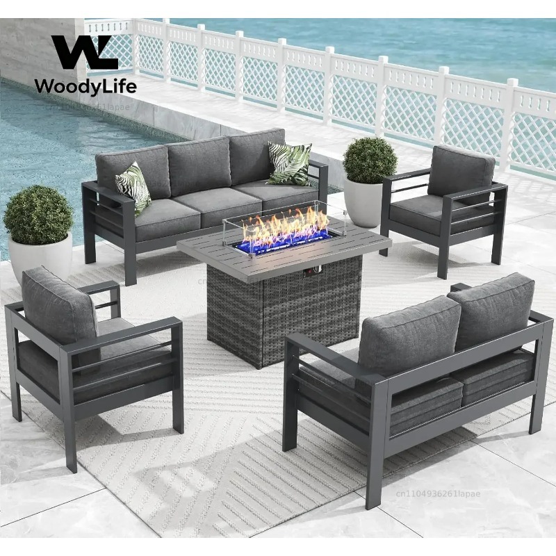 L5 Pieces Modern Aluminum Pati - Outdoor Furniture With Fire Pit Table ulasan dan harga