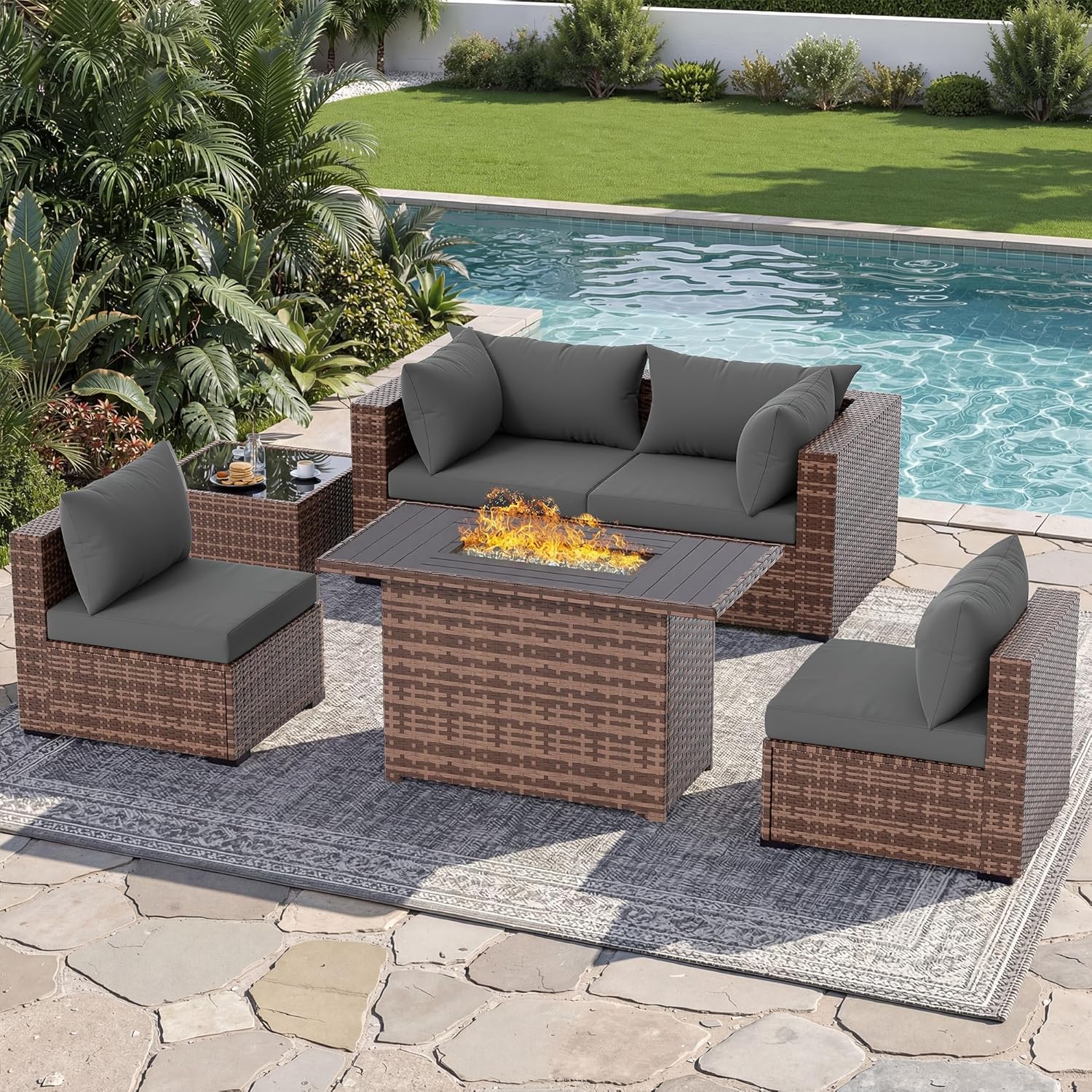 5-Piece Outdoor Sectional Sofa - Outdoor Furniture With Fire Pit Table ulasan dan harga