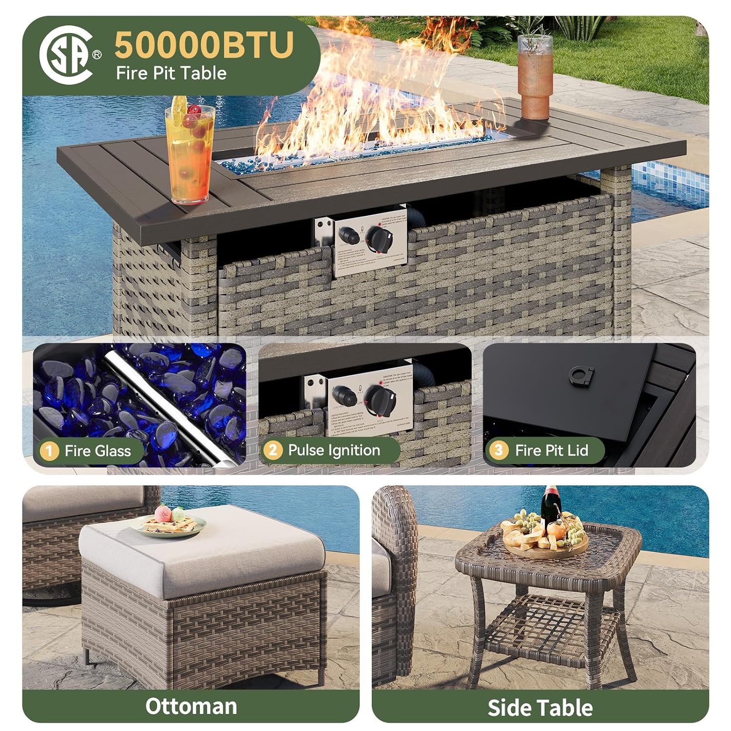 7-Piece Wicker Patio Set with  - Outdoor Furniture With Fire Pit Table ulasan dan harga